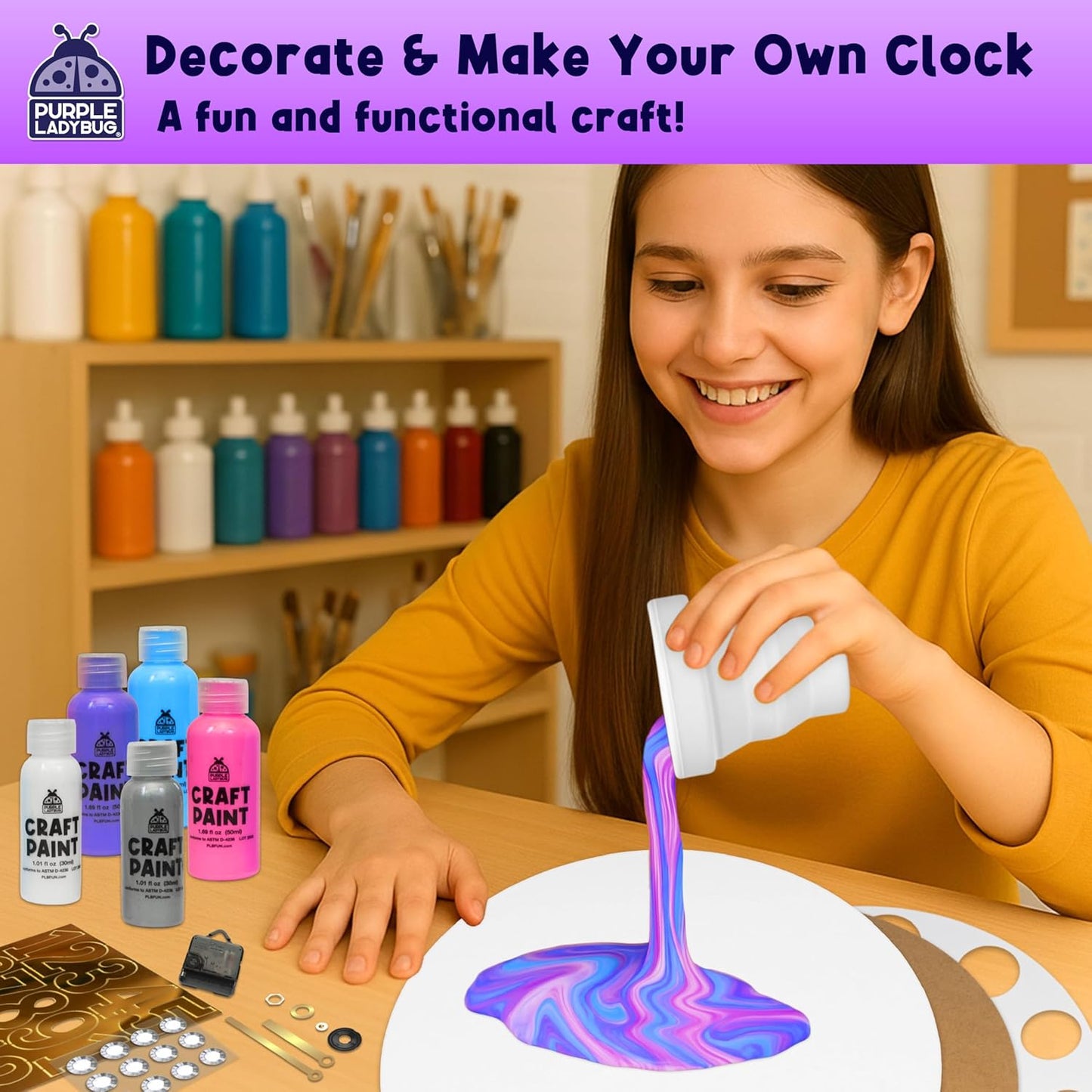 Paint Pouring DIY Clock Kit - Complete Decorate & Painting Kit for Kids 6-8 - Creative Arts & Crafts for Girls Age 10-12 - Christmas Boys & Girls Gifts 8-12 Years Old - Tween & Teen Girl Gifts Ideas - Crafty Corner