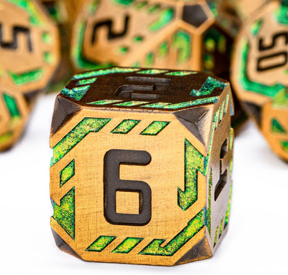 Metal DND Sci-fi Dice Set 7PCS Stripe Polyhedral Dice for Dungeons Dragons RPG Role Playing Game, Glitter D and D Dice with Gift Box D6 D8 D10 D12 D20 (Yellow Green)