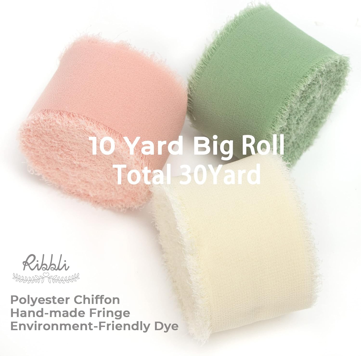 Ribbli Chiffon Ribbon 1.5 inch x 30 Yard Handmade Silk Ribbon, Ivory/Blush Pink/Sage Green Fringe Chiffon Ribbon for Wedding Invitations, Bridal Bouquets Wrapping, Flower Arrangement Decoration - Crafty Corner