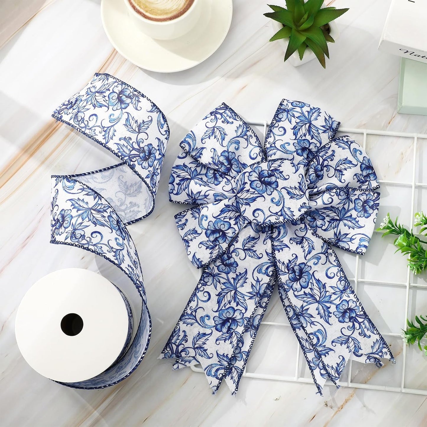 Blue White Floral Wired Edge Ribbon Roll Vintage Watercolor Flower Craft Ribbon Chinoiserie Fabric Ribbon for Wreath Bow Making DIY Craft Wrapping Party Supplies, 12 Yard - Crafty Corner
