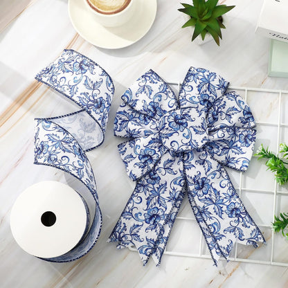 Blue White Floral Wired Edge Ribbon Roll Vintage Watercolor Flower Craft Ribbon Chinoiserie Fabric Ribbon for Wreath Bow Making DIY Craft Wrapping Party Supplies, 12 Yard - Crafty Corner