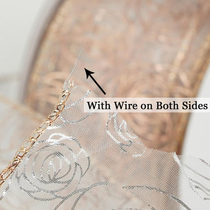 MEEDEE Floral Rose Wired 2.5 Inch Rose Gold Organza Sheer Ribbon, Wedding Bouquet Ribbon, 25 Yards Roll, Pink, For Crafts, Valentine Bow Making, Decor - Crafty Corner
