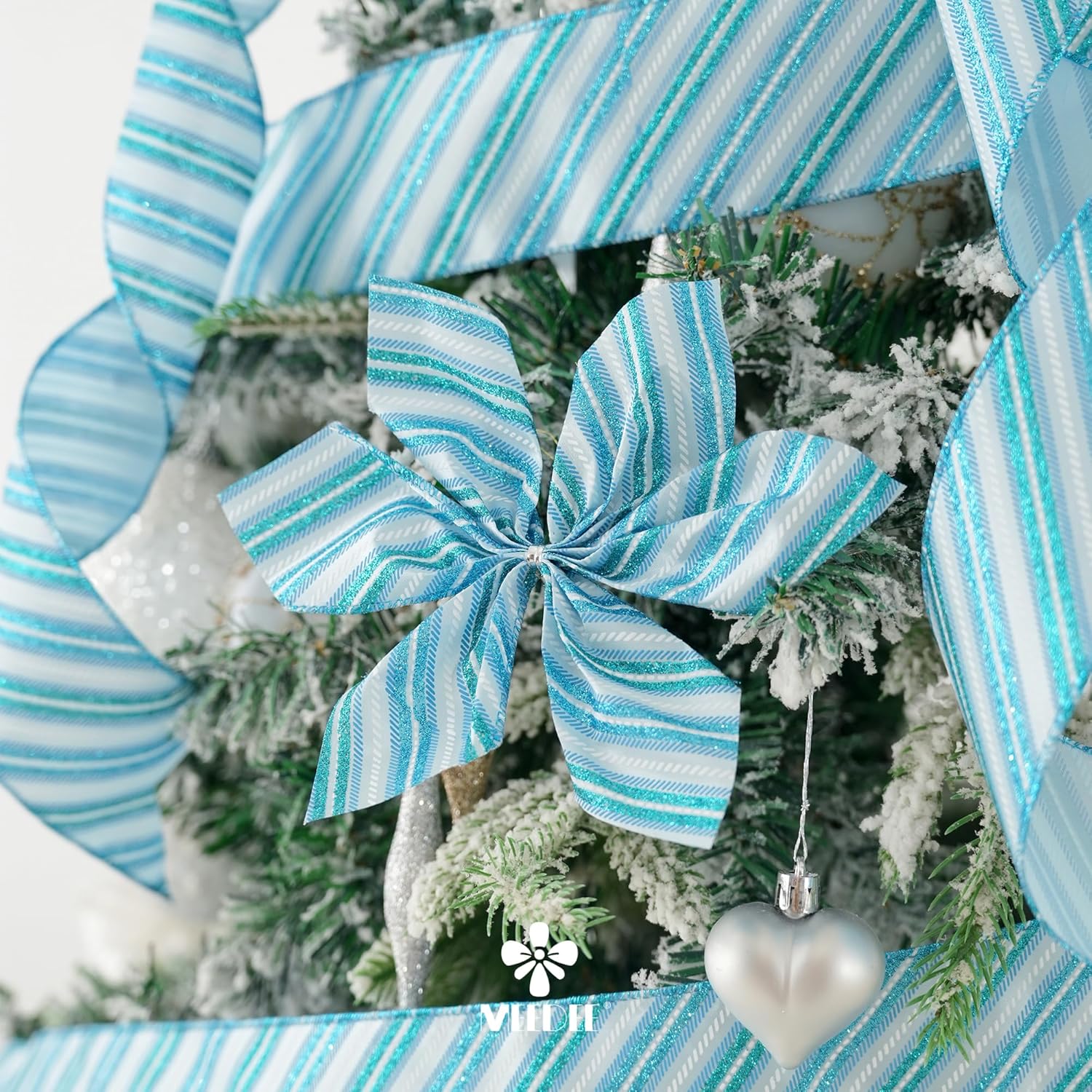 MEEDEE Blue Diagonal Stripe Ribbon 2.5 Inch Blue Satin with Turquoise and Teal Glitter Wired Ribbon for Wreath Bow, Topper Bow, Tree, Garlands (10 Yards) - Crafty Corner