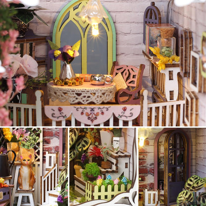 TuKIIE DIY Book Nook Miniature Kit, Booknook Dollhouse Bookshelf Insert with Sensor Light & Dust Proof, Wooden Decorative Bookend Stand Model Kits for Kids Teens Adults(Flower House)