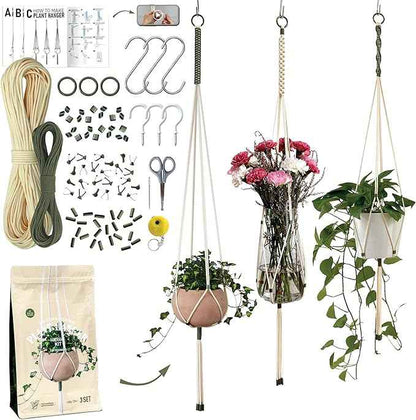 Macrame Kits for Beginners, 3 Set of Plant Hangers DIY Kit: Braided Polyester Ropes 50yds*5mm Ivory, 20yds*2mm Forest Green, 60+Pcs Supplies with Step-by-Step Easy Instructions (IVGR)