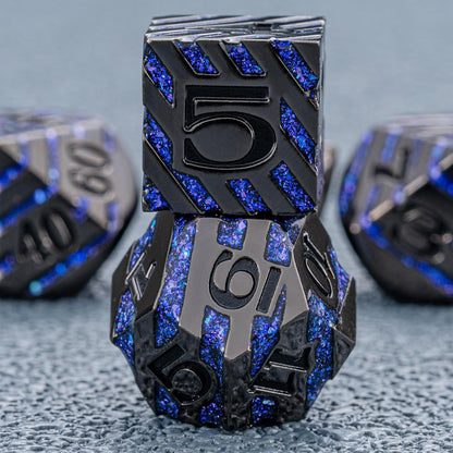 Anitque Metal Dice D&D,Metal Glitter Stripe Dice 7pcs Set with Gift Case,Polyhedral Dice for Role Playing Game (Black Nickel Dark Purple)