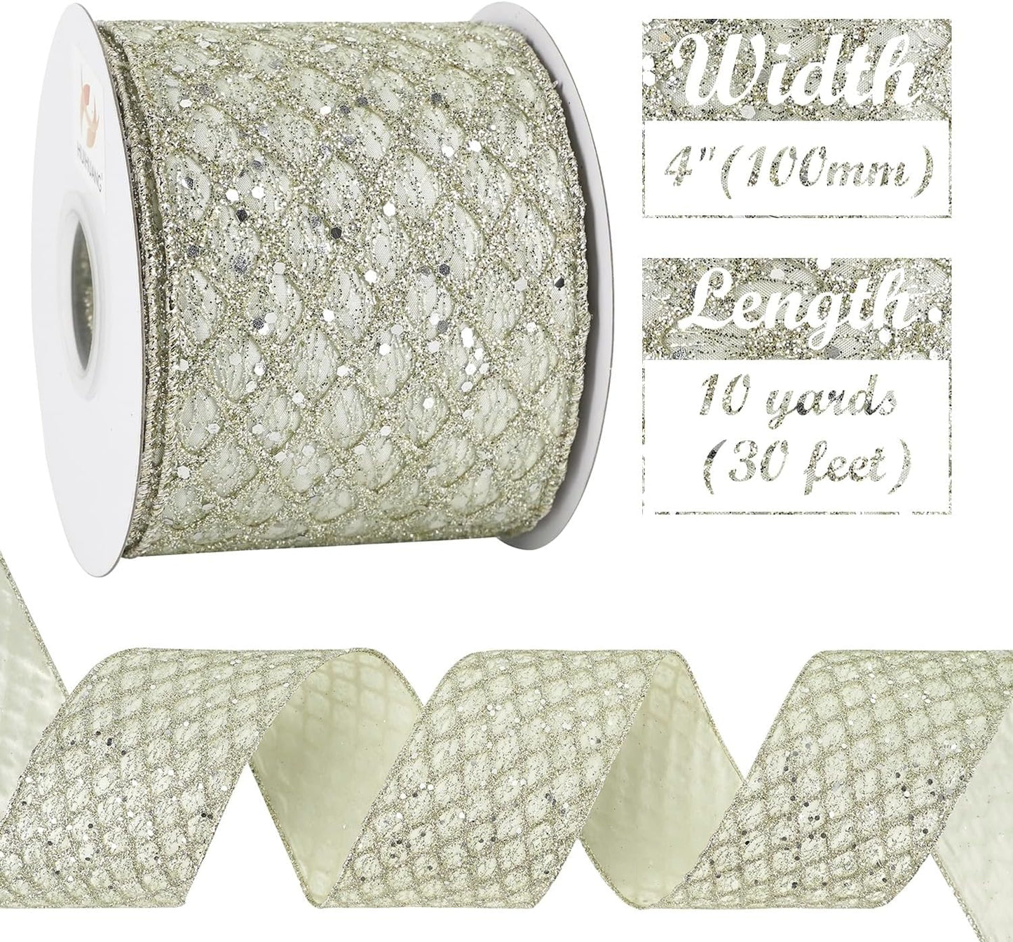 HUIHUANG Champagne Wired Ribbon 4 inch Glitter Christmas Tree Ribbon Diamond Mesh Wire Ribbon for X-mas Tree Decorations, Wreaths, Garland, Large Bows Making, Wedding Decor -10 Yards - Crafty Corner