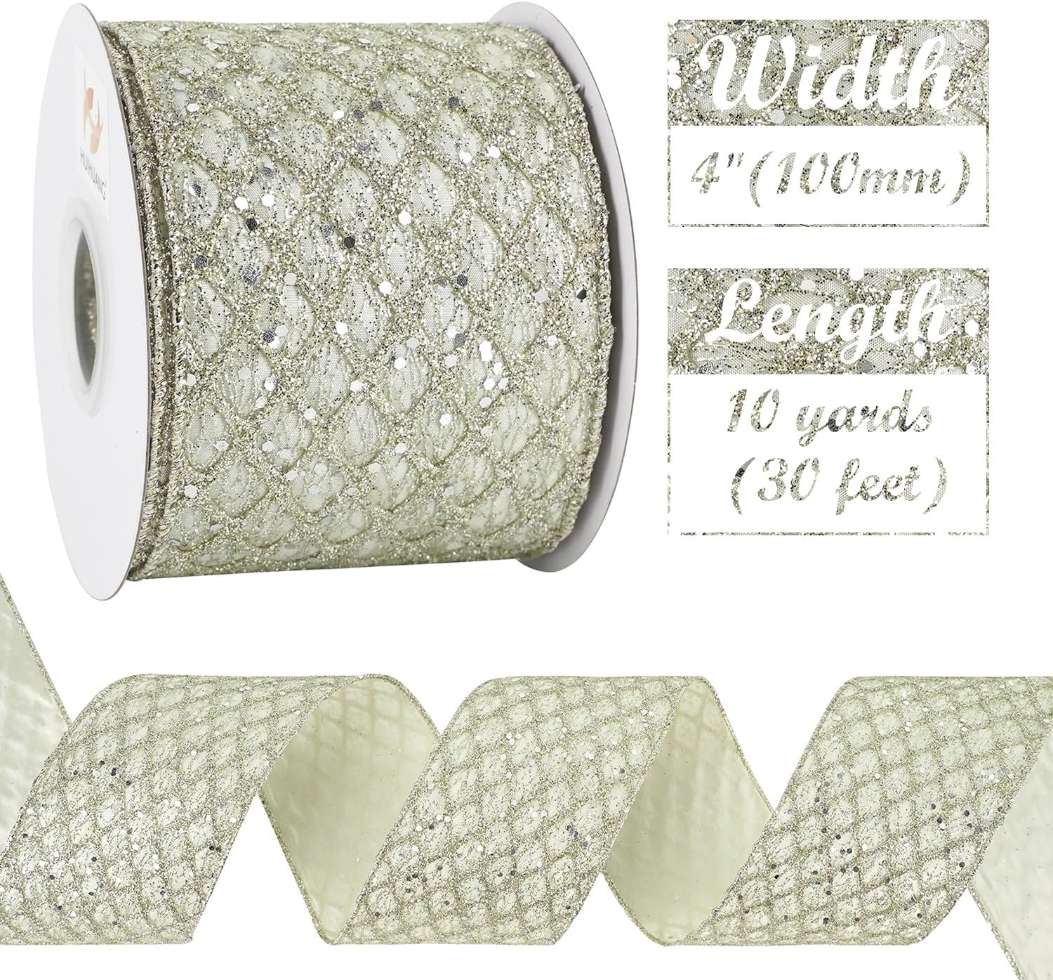 HUIHUANG Champagne Wired Ribbon 4 inch Glitter Christmas Tree Ribbon Diamond Mesh Wire Ribbon for X-mas Tree Decorations, Wreaths, Garland, Large Bows Making, Wedding Decor -10 Yards - Crafty Corner