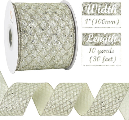HUIHUANG Champagne Wired Ribbon 4 inch Glitter Christmas Tree Ribbon Diamond Mesh Wire Ribbon for X-mas Tree Decorations, Wreaths, Garland, Large Bows Making, Wedding Decor -10 Yards - Crafty Corner
