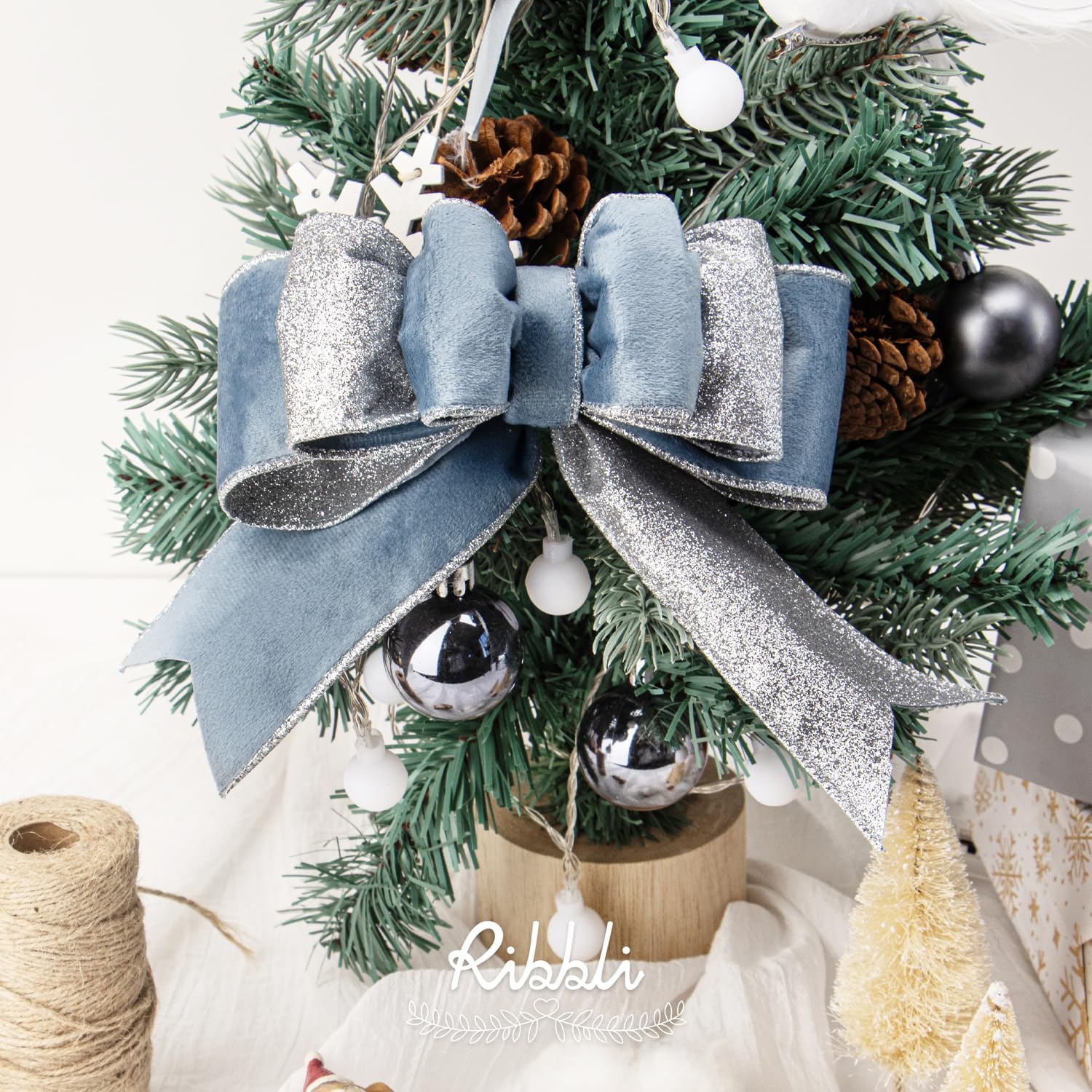 Ribbli Dusty Blue Velvet Wired Ribbon 2.5 Inch Dusty Blue Velvet with Silver Glitter Christmas Ribbon for Christmas Tree Decoration Big Bow Gift Wrapping Crafts Wreaths Supplies- 10 Yards - Crafty Corner