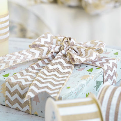 MEEDEE Burlap Ribbon with White Chevron Pattern - 2.5 Inch Wired Ribbon for Cakes, Wreaths, Rustic Decor, Baby Showers, Beach Parties, Farmhouse Gifts - 10 Yards - Crafty Corner