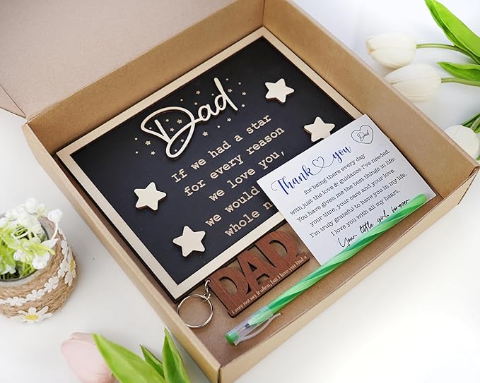 VinaTimes Personalized Star Dad and Kids Framed Sign Father's Day DIY Wooden Engraved Plaque Gifts From Daughter, Son,Wife DIY Family Names Gift for Papa Grandpa FR118-DAD