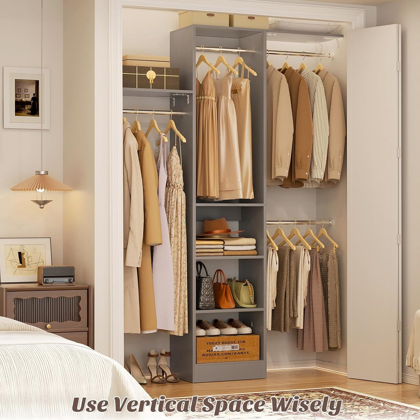 48" Small Closet Organizer, 4FT Small Closet System with 4 Closet Rods & 3 Shelves, 80"H Small Closet Organizers and Storage for Small Bedooms, Cloakrooms, Laundry Rooms, Gray