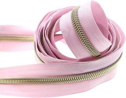 Leekayer #5 Gold Metallic Nylon Coil Zippers by The Yard Bulk 10 Yards Pink Zipper Tape with 25pcs Gold Ring Pull Sliders for DIY Sewing Tailor Craft Bag(Pink)