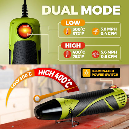 Heat Gun for Crafting, Mini Dual Temp Hot Air Gun Tool for Epoxy Resin, Shrink Wrapping, Vinyl Wrap, Embossing, Electronics, Candle Making, Sublimation, Phone Repair & DIY (Green/Black)