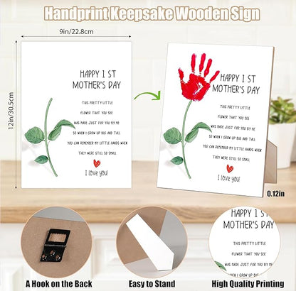rorusio Happy First Mothers Day DIY Handprint Art Wooden Sign with Stand and Hook, 9x12 Inch, Flower Poem Mother Day Crafts Keepsake, Personalized Gifts for Mom MaMa from Husband Daughter & Son