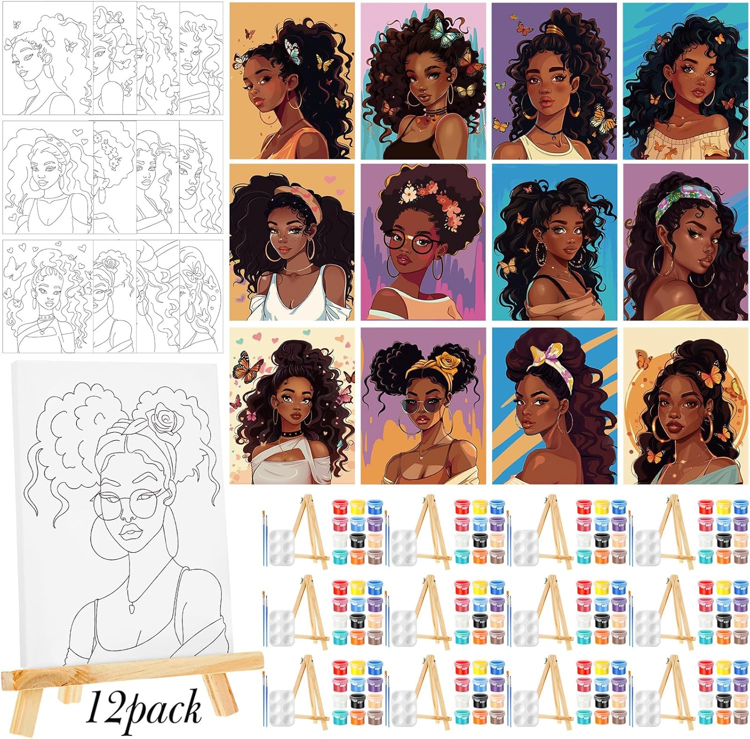 Zhanmai 12 Pack Pre Drawn Canvas for Painting Sip and Paint Kit 8" x 10" Paint Party Set Canvas Painting Pre Printed Canvases for Party Favor DIY Virtual Adult's Date Night(Charming Girl) - Crafty Corner