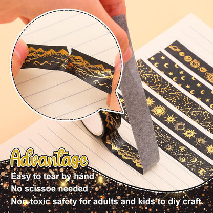 Whaline 12 Rolls Gold Foil Galaxy Washi Tape Black Gold Sun Moon Star Masking Tape Set Decorative Wrapping Paper Tapes for Scrapbook Journal DIY Art Crafts