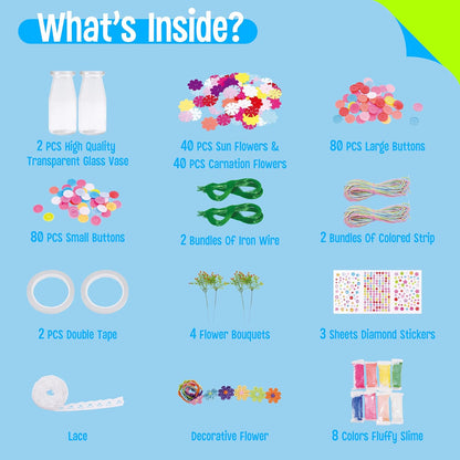 SpriteGru Flower Craft Kit for Kids, Make Your Own Flower Bouquet with Buttons and Colorful Petals, Art Vase and Craft DIY Activity Gift for Boys & Girls Age 4 5 6 7 8 9 10 Year Old (2 Glass Vase)