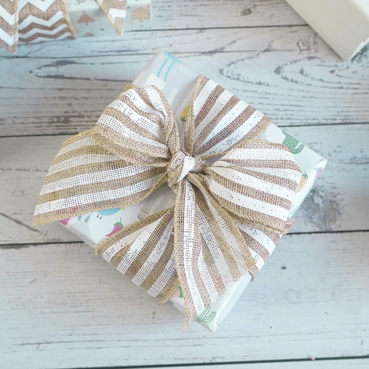 MEEDEE Burlap Wired Ribbon with White Stripe - 2.5 Inch Wired Ribbon for Cakes, Gift Baskets, Wreaths, Rustic Decor, Baby Showers, Beach, Farmhouse, 10 Yards - Crafty Corner