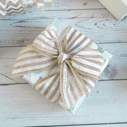 MEEDEE Burlap Wired Ribbon with White Stripe - 2.5 Inch Wired Ribbon for Cakes, Gift Baskets, Wreaths, Rustic Decor, Baby Showers, Beach, Farmhouse, 10 Yards - Crafty Corner
