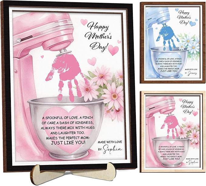 Personalized Mothers Day Handprint Sign, DIY Handprint Craft Frame with Paints, Birthday Gifts for Mom from Daughter Son, Baking Mixer Themed Frame for Women Mom Nana, Family Memories Keepsake