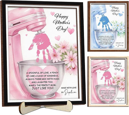 Personalized Mothers Day Handprint Sign, DIY Handprint Craft Frame with Paints, Birthday Gifts for Mom from Daughter Son, Baking Mixer Themed Frame for Women Mom Nana, Family Memories Keepsake