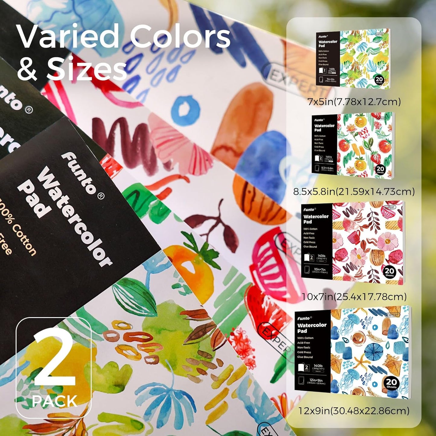 Funto Watercolor Pads, 2 Packs, 100% Cotton, 20 Sheets Each, 8.3x5.8, 140lb/300gsm, Glue Bound, Easy Tear Heavyweight Art Paper for Painting