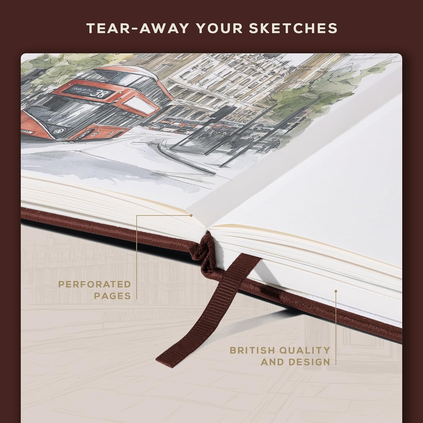 Beechmore Books Square Sketchbook – 8x8 Premium Vegan Leather Bound Large Sketch Book Hardcover with 156 Thick 160gsm Perforated Ivory Pages, Blank Sketch Pad, Gift Boxed Back Pocket, Ribbon Bookmark
