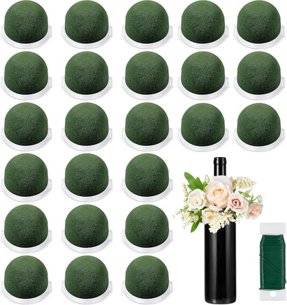Tessco 24 Pcs Mini Floral Foam Holder Round Floral Foam with Green Arrangement Wire Arrangement Supplies for Table Wedding Wine Bottle Decor