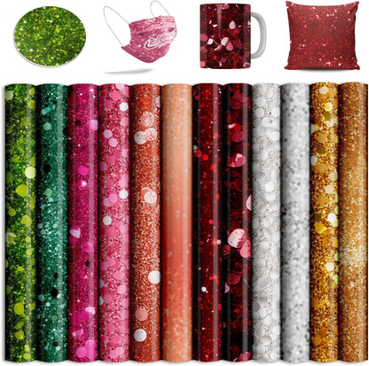 Glitter Sublimation Transfer Sheets for Heat Press Machine,Green P Gold Sublimation Paper for Tumblers Blanks Tshirts,12 Sheets 12x12inch