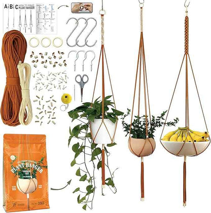 Macrame Kits for Beginners, 3 Set of Plant Hangers DIY Kit: Braided Polyester Ropes 50yds*5mm Burnt Orange, 20yds*2mm Ivory, 60+Pcs Supplies with Step-by-Step Easy Instructions (ORIV)