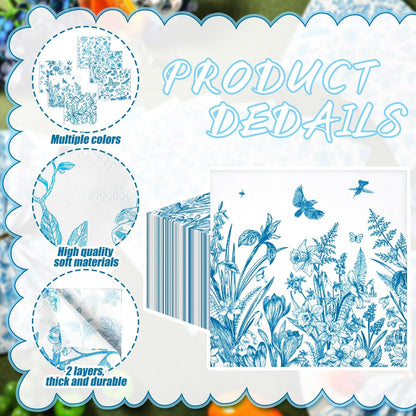 150 Pcs Blue Floral Cocktail Napkins 10 x 10 Inch 6 Styles Assorted Blue Flower Paper Disposable Napkins for Decoupage Home and Kitchen Bridal Baby Shower Tea Party Garden Party Birthday