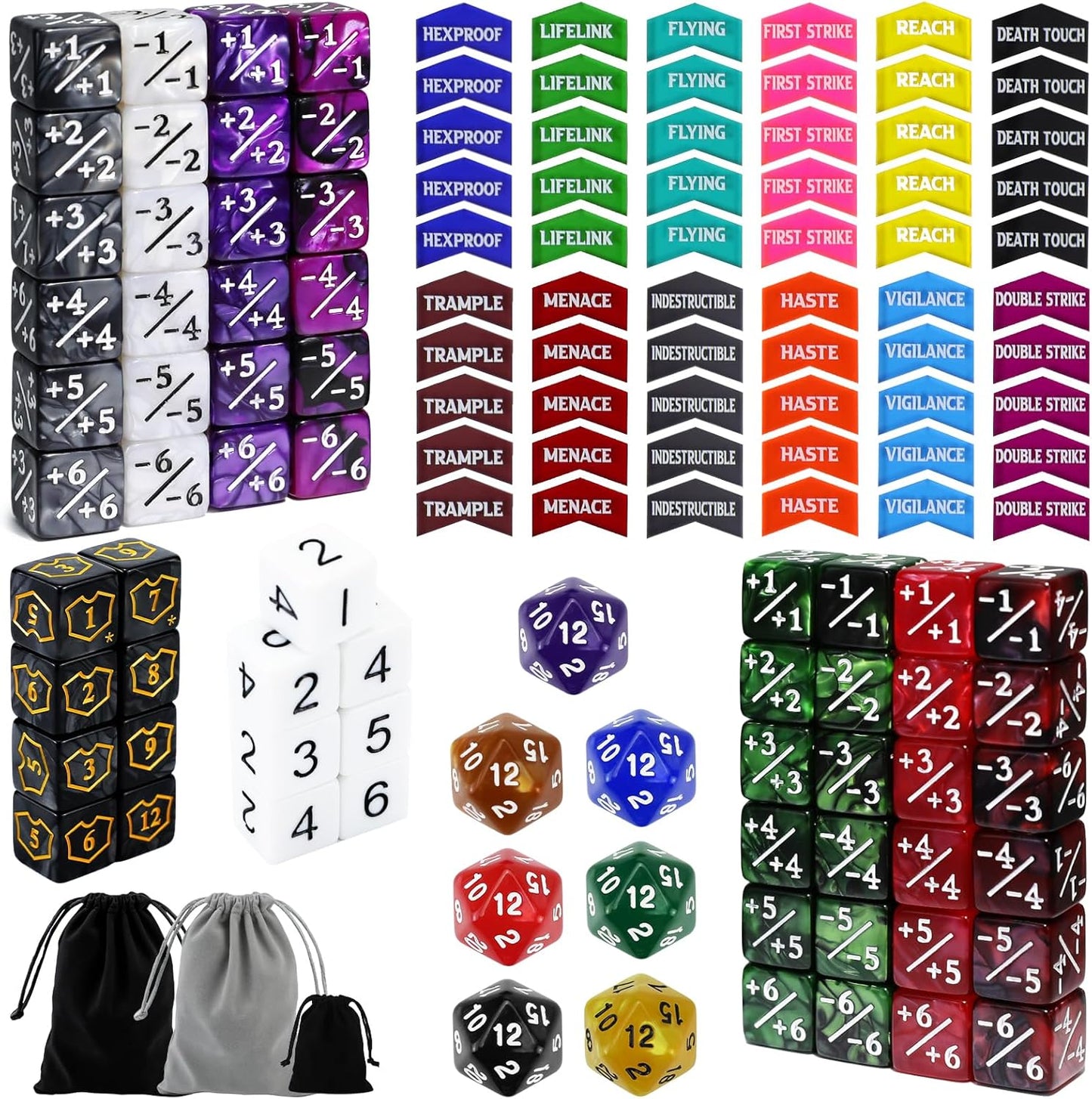 SIXPOINTS 130 Pieces MTG Counter Dice Plus 1 Life Counters Tokens 6 Sided D20 Dice & MTG Counters/Keyword Counters Set Compatible with Magic The Gathering, TCG, Card Games Accessories