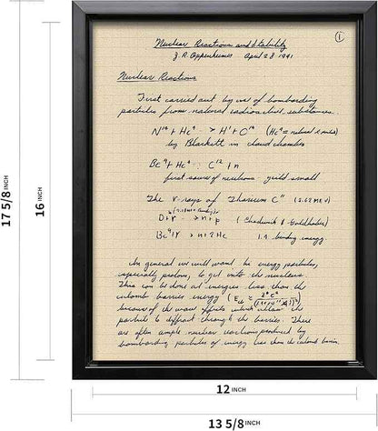 Poster Master Oppenheimer Canvas - Retro Atomic Bomb Manuscript Print - Manhattan Project Art - Gift for Him, Her, Scientist - Physics Decor for Office, Library - 12x16 Black Framed Canvas