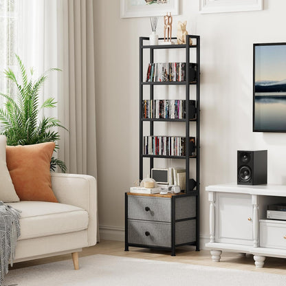 CD Storage Rack with Drawer, 5-Tier DVD Organizer Shelf w/Adjustable Book Stoppers, Media Storage Rack for CD/DVD, Books & Games, Ideal for Living Room & Home Office – 15.7x11.8x56.5Inches