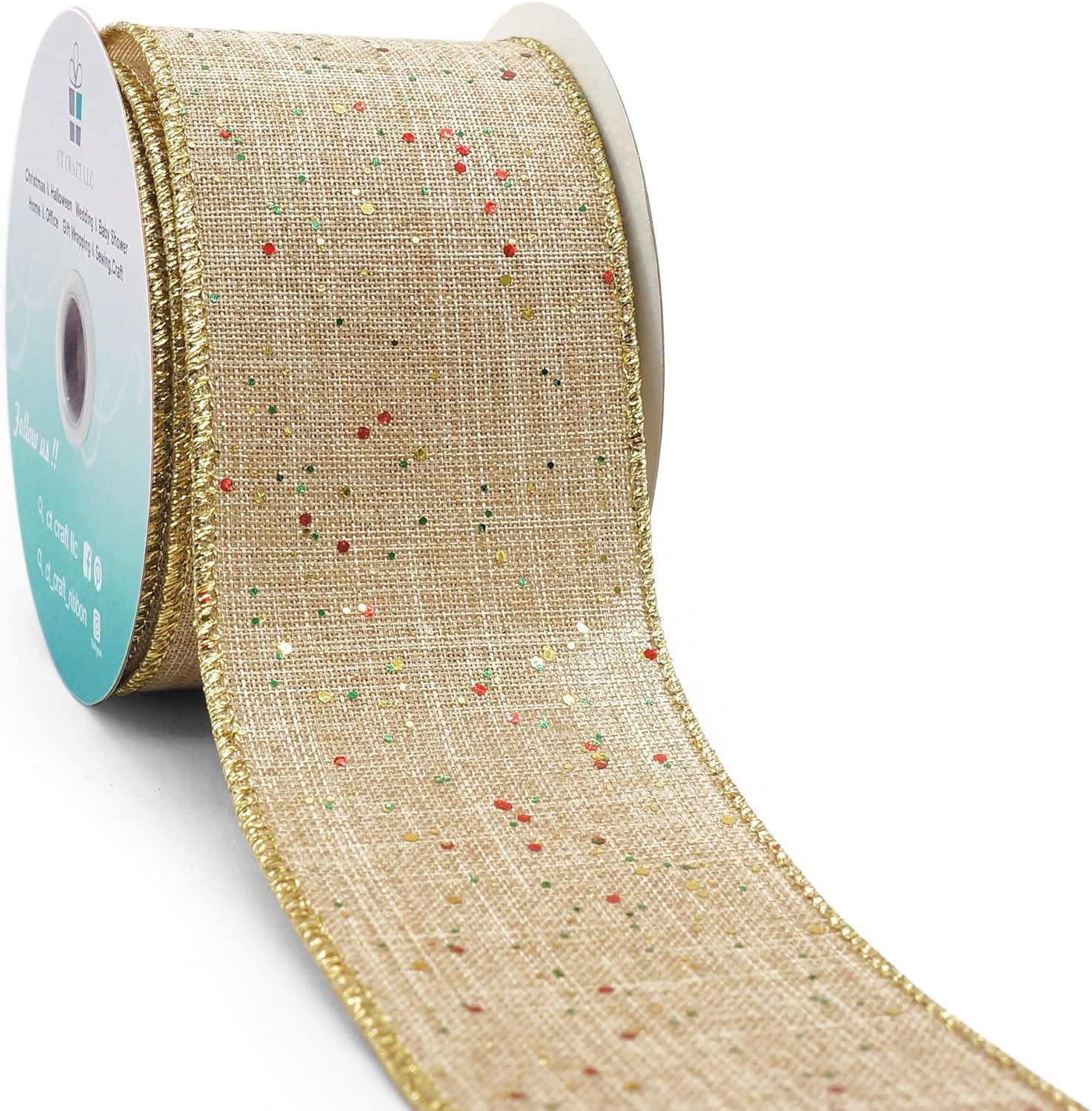 CT CRAFT LLC Tan Burlap Fabric Confetti Glitter Wired Ribbon 2.5" x 10 Yards Natural Color for Christmas Home Wedding Decor Gift Wrapping Tree Topper Bow Wreath Bouquet DIY Crafts - Crafty Corner