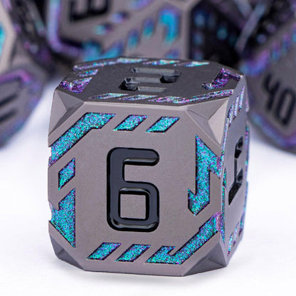 Metal DND Sci-fi Dice Set 7PCS Stripe Polyhedral Dice for Dungeons Dragons RPG Role Playing Game, Glitter D and D Dice with Gift Box D6 D8 D10 D12 D20 (Black&Green Purple)