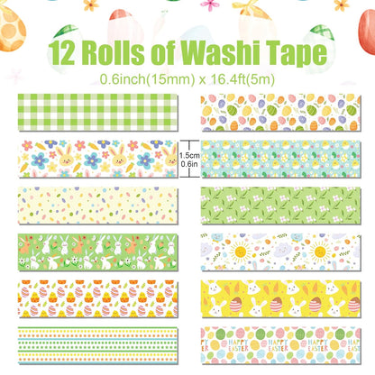 12 Rolls Summer Washi Tape, Green Plaid Colorful Floral Masking Tape, Cute Animal Decorative Sticker for Summer Scrapbook Journal DIY Craft Birthday Gift Wraps 16.4FT