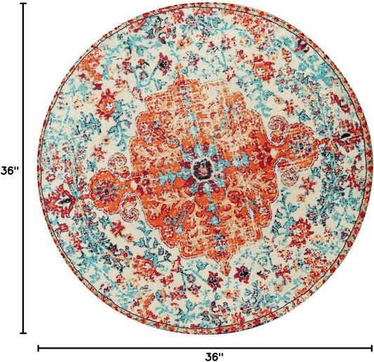 Lahome Bohemian Floral Medallion Round Rug - 3Ft Oriental Distressed Small Round Area Rug Vintage Washable Entryway Foyer Mat Non-Slip Non-Shedding Low-Pile Sofa Bathroom Carpet, Orange/Multi
