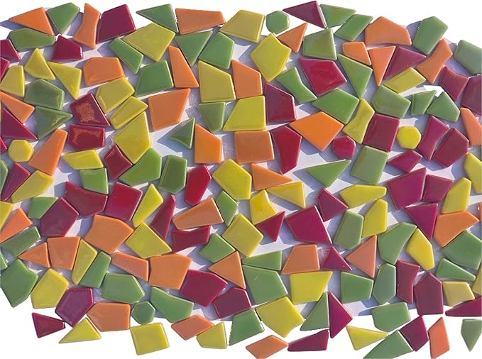 Irregular Glass Mosaic Tiles Bulk 500g Glossy and Iridescent Mosaic Glass Tiles for DIY Projects and Arts and Crafts Solid Colors and Mixes (Iridescent Red, Orange, Yellow & Green)
