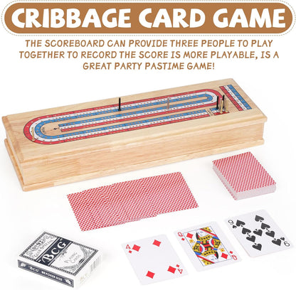 Wooden Cribbage Board Game Set with Storage Drawer & Metal Pegs – Premium 3-Track Cribbage Board with Cards, Portable Travel Strategy Game for Adults, Kids & Family Game Night