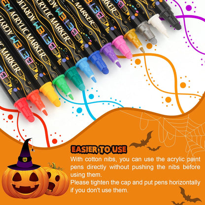 Betem 12 Colors Dual Tip Acrylic Paint Pens Markers, Premium Acrylic Paint Pens for Halloween Decorations, Wood, Canvas, Stone, Rock Painting, Glass, Ceramic Surfaces, Pumpkin Painting Kit DIY Crafts