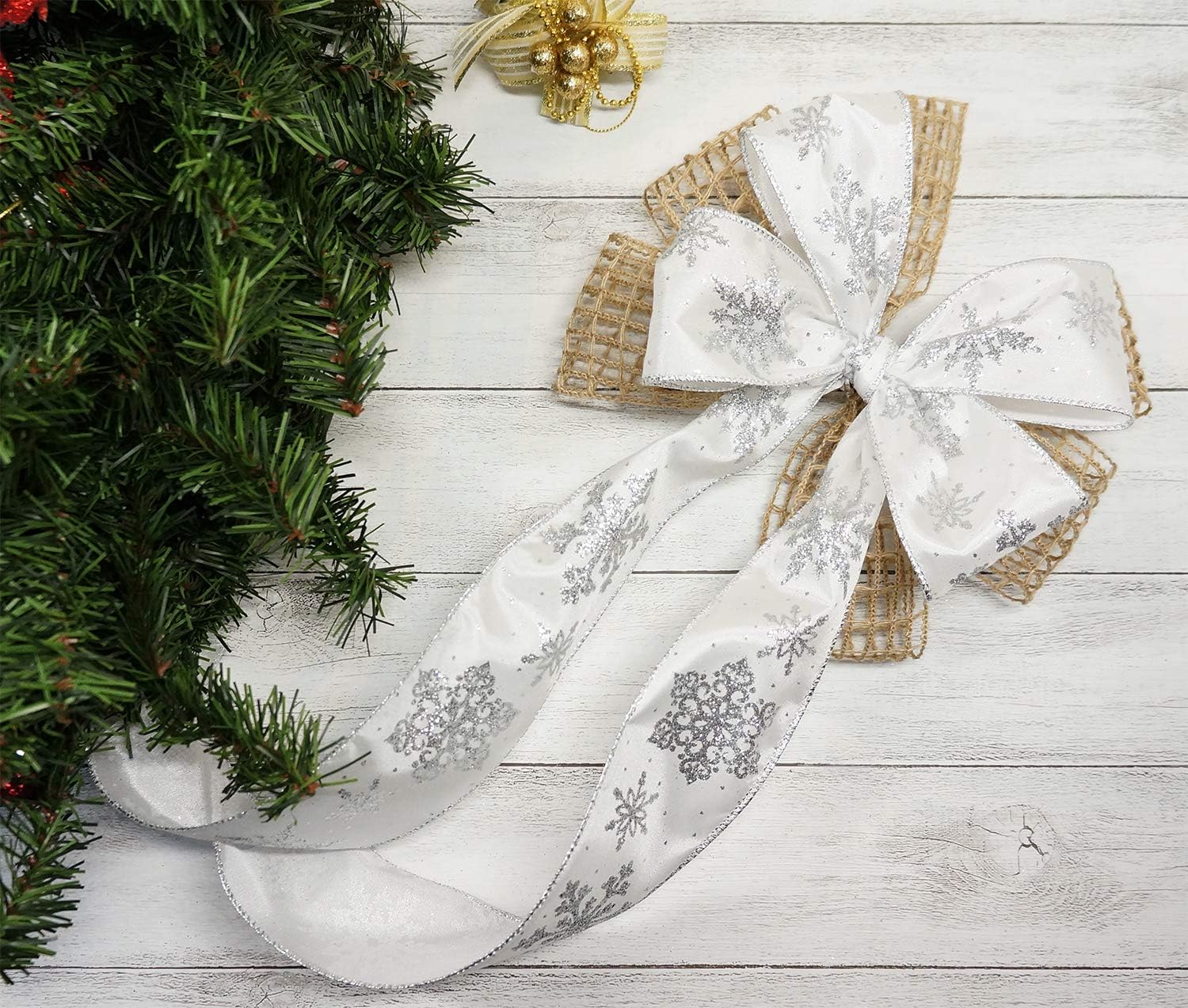 CT CRAFT LLC White Satin with Silver Snowflake Wired Ribbon 2.5 Inch x 10 Yards for Christmas Home Decor Tree Topper Bow Gift Wrapping DIY Crafts Wreath Garland - Crafty Corner