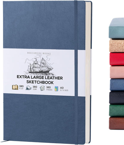 Beechmore Books A3 Sketchbook – 11.7x16.5 Premium Vegan Leather Bound Extra Large Sketch Book Hardcover, 160gsm 160 Perforated Ivory Pages, Blank Sketch Pad, Gift Boxed, Back Pocket, Ribbon Bookmark - Crafty Corner