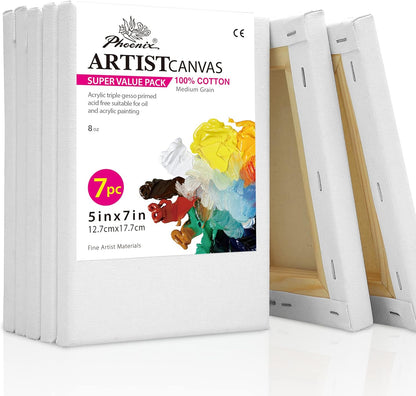 PHOENIX Stretched Canvas for Painting 5x7 Inch/7 Value Pack, 8 Oz Triple Primed 5/8 Inch Profile 100% Cotton White Blank Canvas,Small Framed Canvas for Oil Acrylic & Pouring Art
