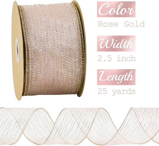 MEEDEE Rose Gold Sheer Glitter Wired Ribbon 2.5 Inch Horizontal Stripes Polka Dot Christmas Ribbon Organza Sheer Glitter 25 Yards for Christmas Tree, Wreath, Bow Making - Crafty Corner