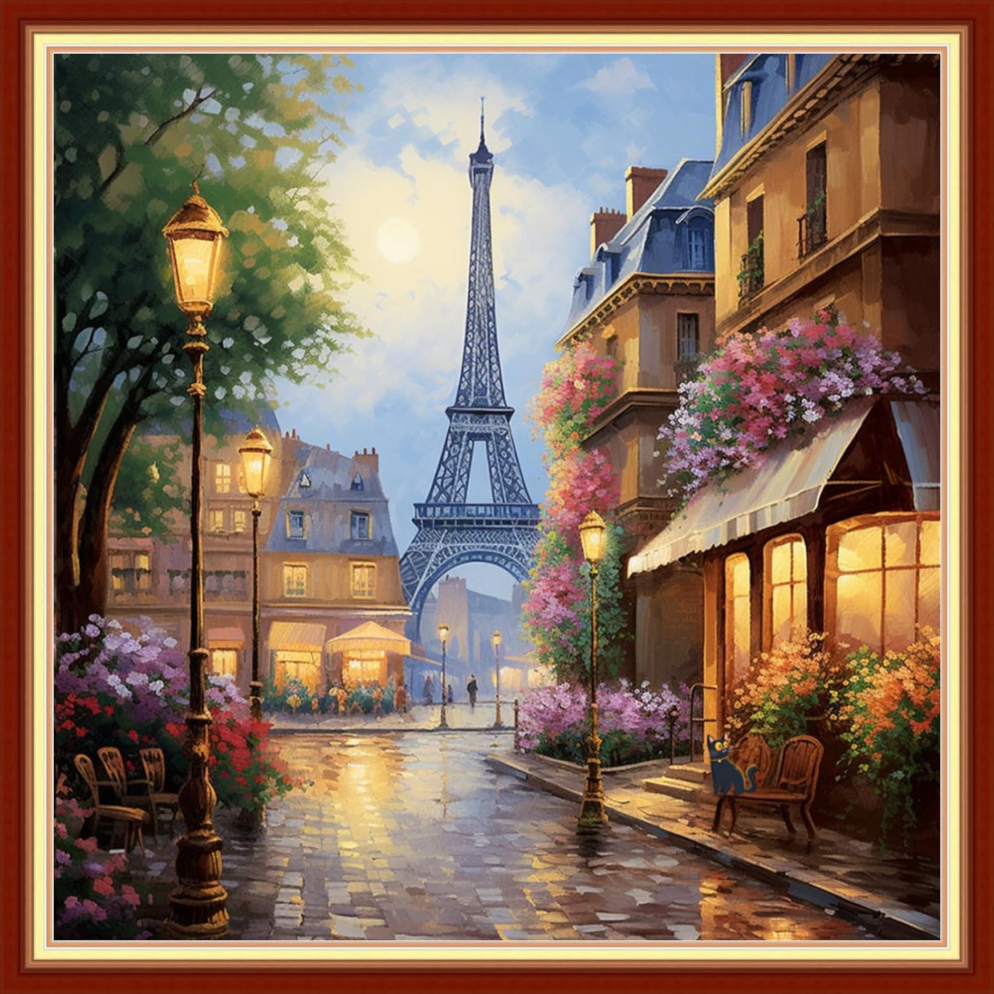 Disxvivy Cross Stitch Stamped Full Embroidery Kits DIY 11CT Cotton Thread Printed DIY Needlepoint Kits Craft Needlework Set Cross-Stitch Stamped Sets-Flower Street Tower 18x18 inch