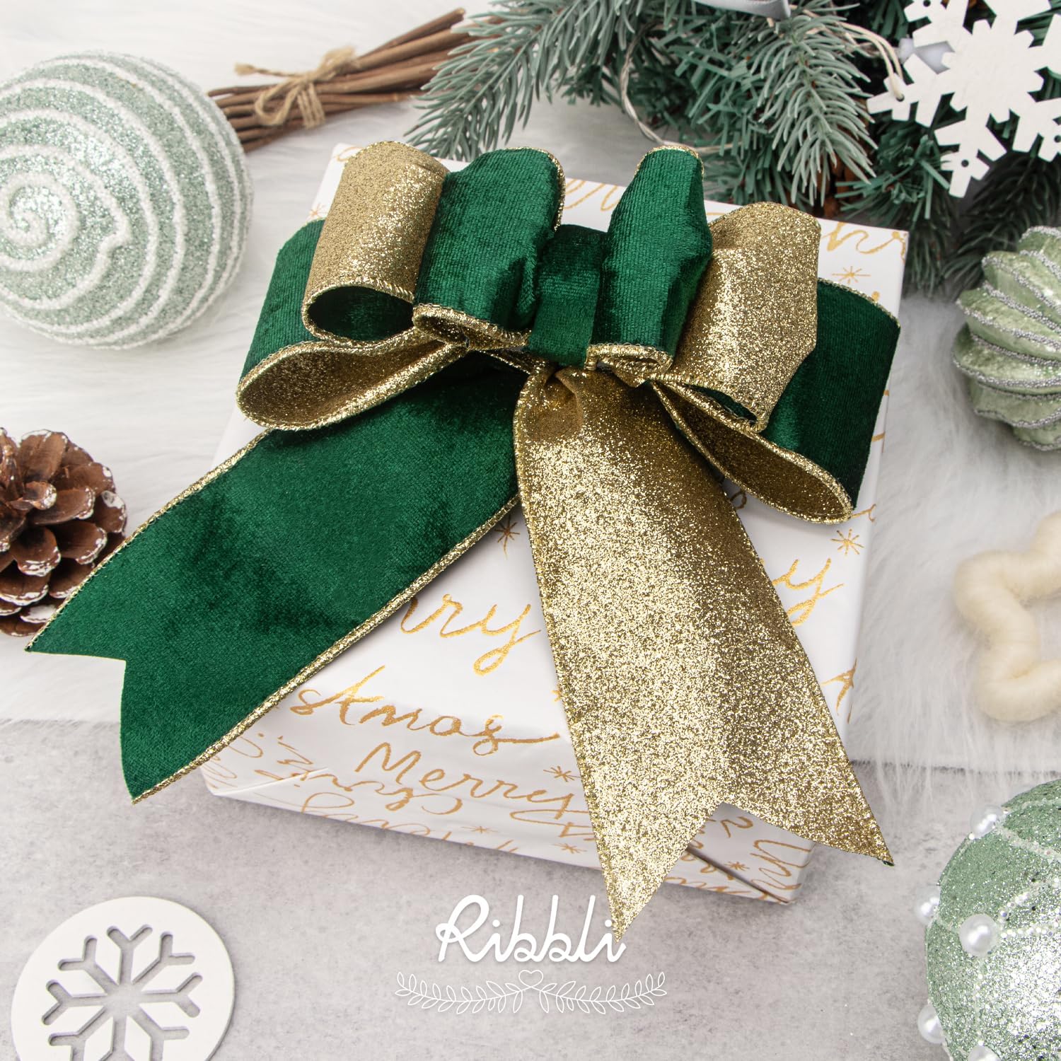 Ribbli Forest Green Velvet Wired Ribbon 2.5 Inch Green Velvet with Gold Glitter Christmas Ribbon for Christmas Tree Decoration Big Bow Gift Wrapping Crafts Wreaths Supplies- 10 Yards - Crafty Corner