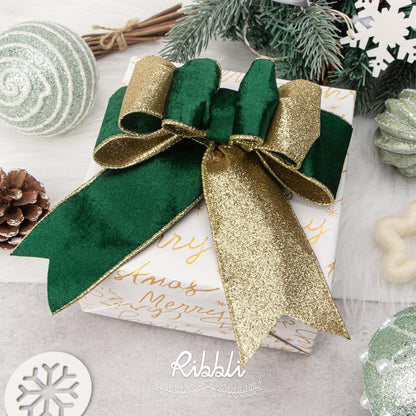 Ribbli Forest Green Velvet Wired Ribbon 2.5 Inch Green Velvet with Gold Glitter Christmas Ribbon for Christmas Tree Decoration Big Bow Gift Wrapping Crafts Wreaths Supplies- 10 Yards - Crafty Corner
